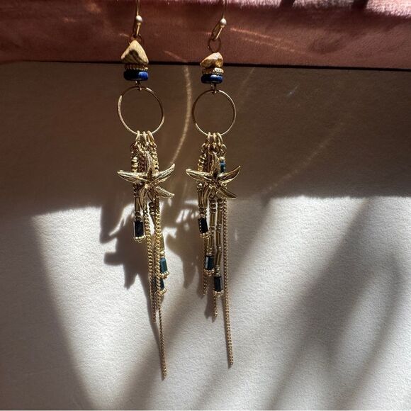 Gold and Blue Beachy Starfish Dangle Earrings - Picture 4 of 5